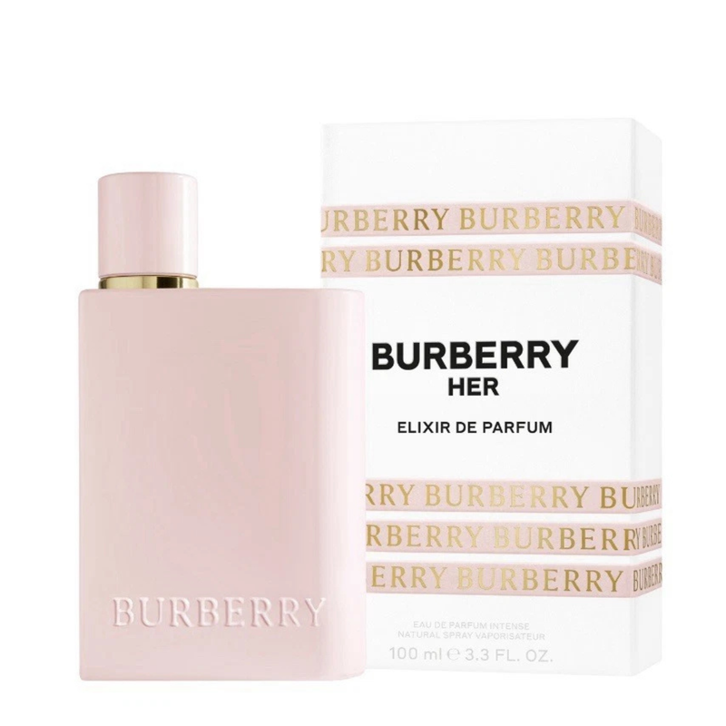 Burberry Her Elixir de Parfum 100ml bottle beside its white and pink box